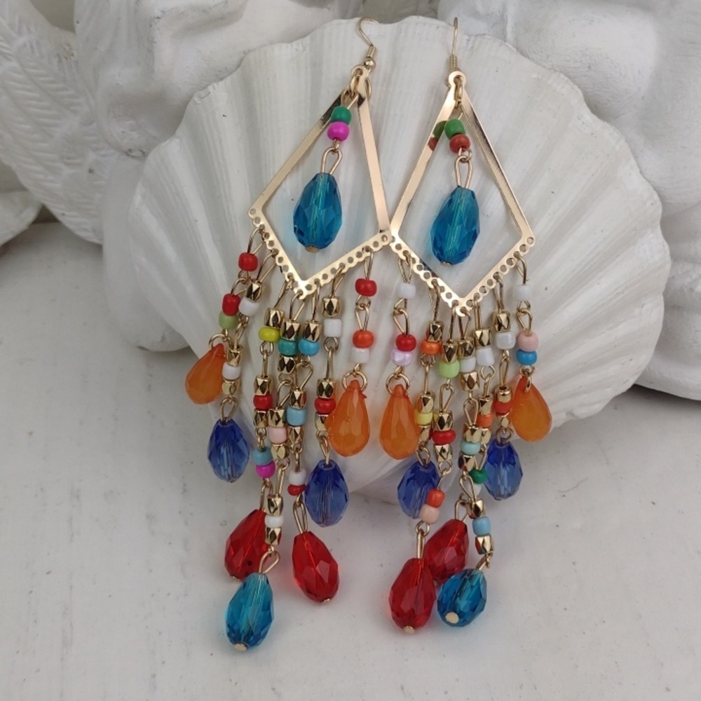 Gold-Tone Colorful Vibrant Multifacted Glass Beaded Party Girl Fringe Earrings